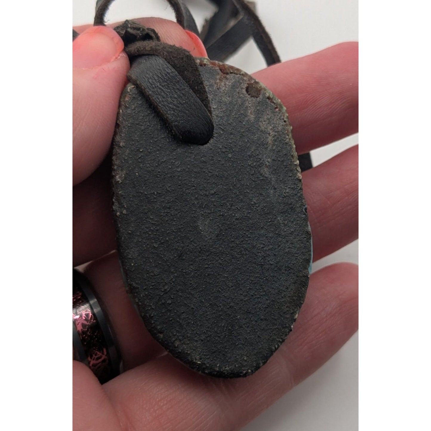 Boho Handmade Ceramic Face Pendant Necklace Turquoise Brown Suede Cord Artisan Statement Jewelry