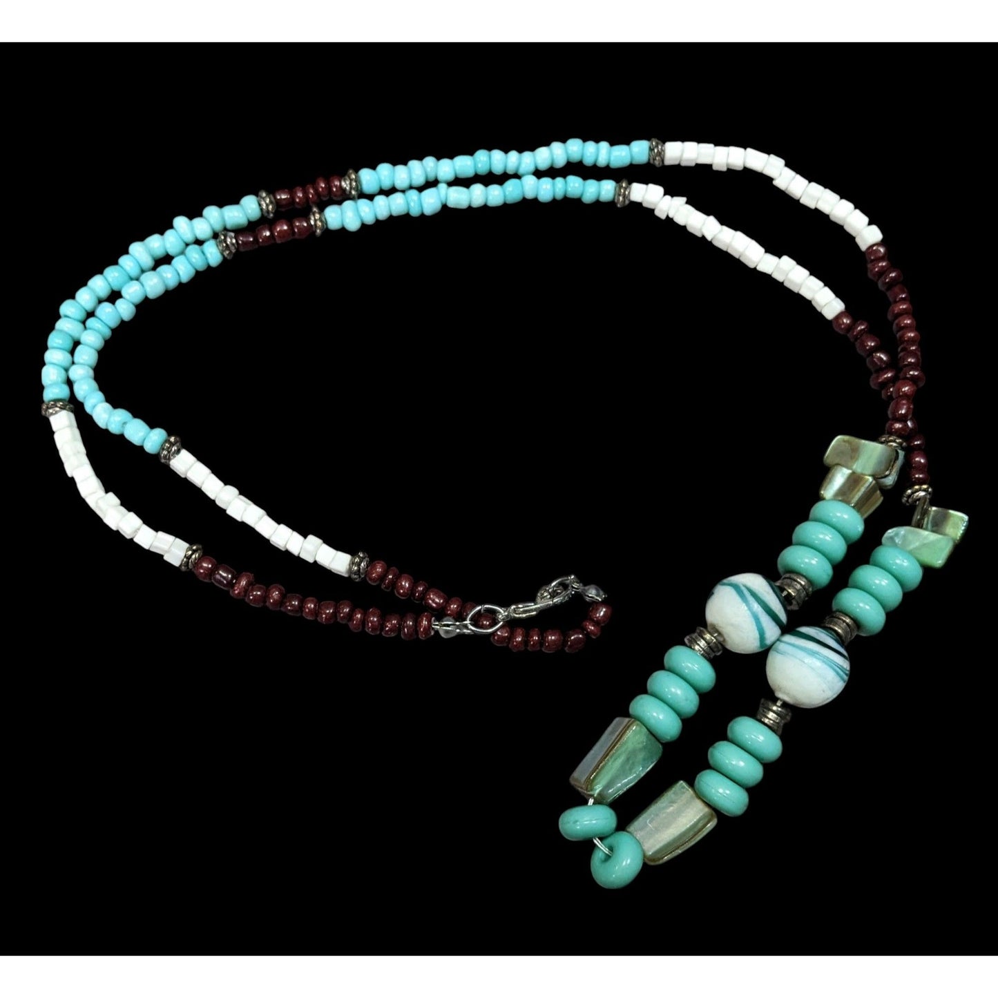 Vintage Turquoise And Brown Shell Stone And Glass Beaded Necklace