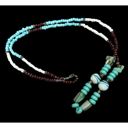 Vintage Turquoise And Brown Shell Stone And Glass Beaded Necklace
