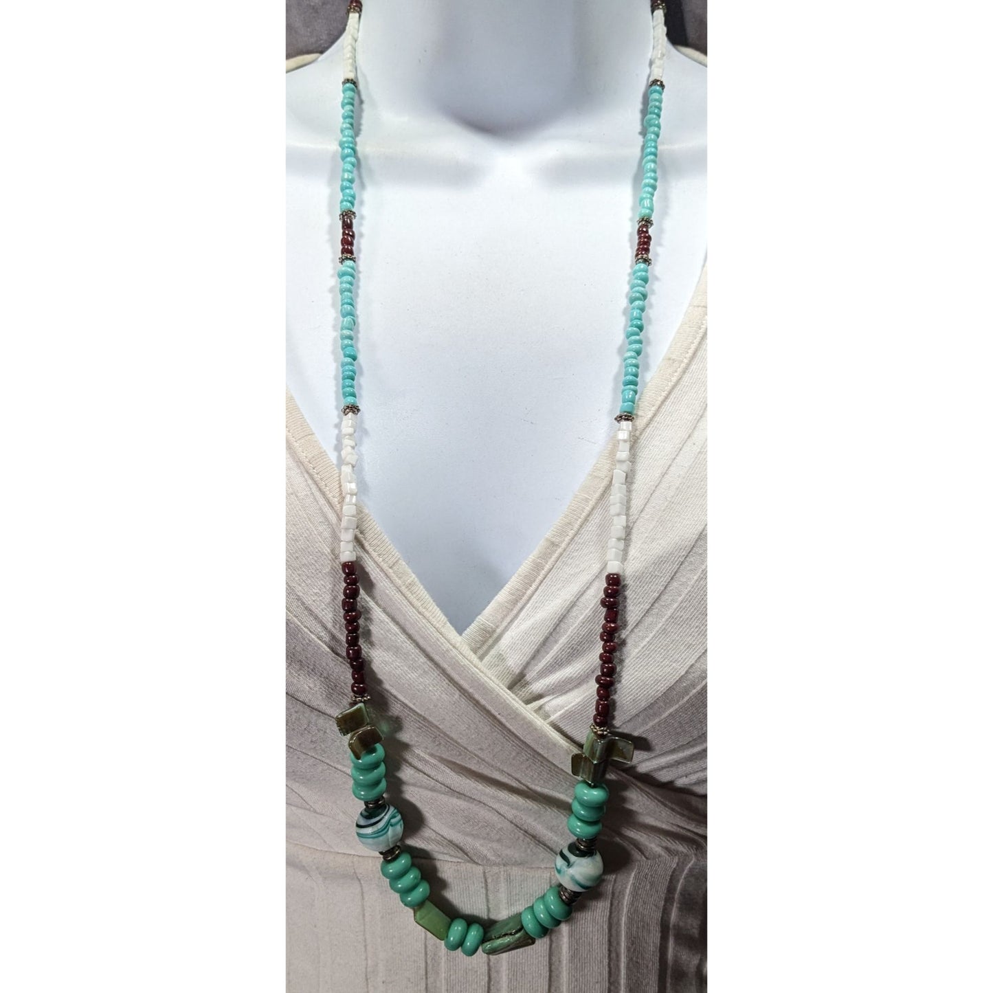 Vintage Turquoise And Brown Shell Stone And Glass Beaded Necklace