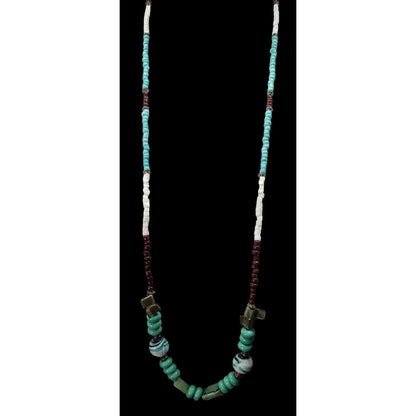 Vintage Turquoise And Brown Shell Stone And Glass Beaded Necklace