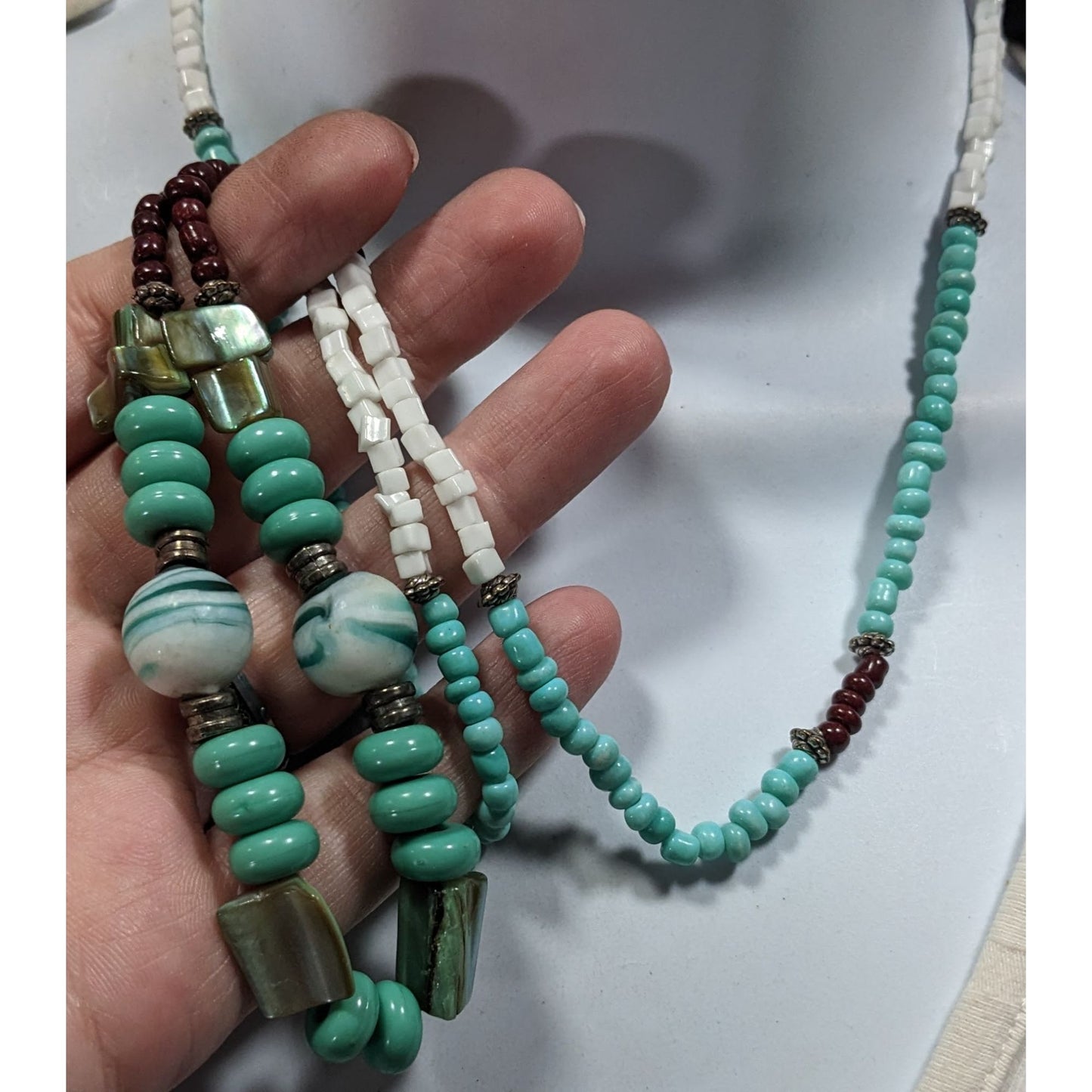 Vintage Turquoise And Brown Shell Stone And Glass Beaded Necklace