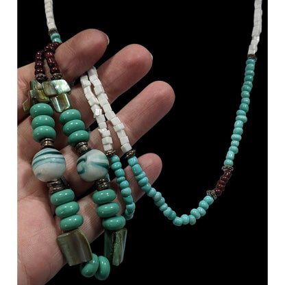 Vintage Turquoise And Brown Shell Stone And Glass Beaded Necklace