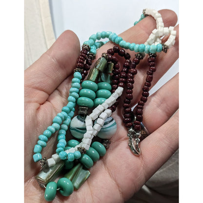 Vintage Turquoise And Brown Shell Stone And Glass Beaded Necklace