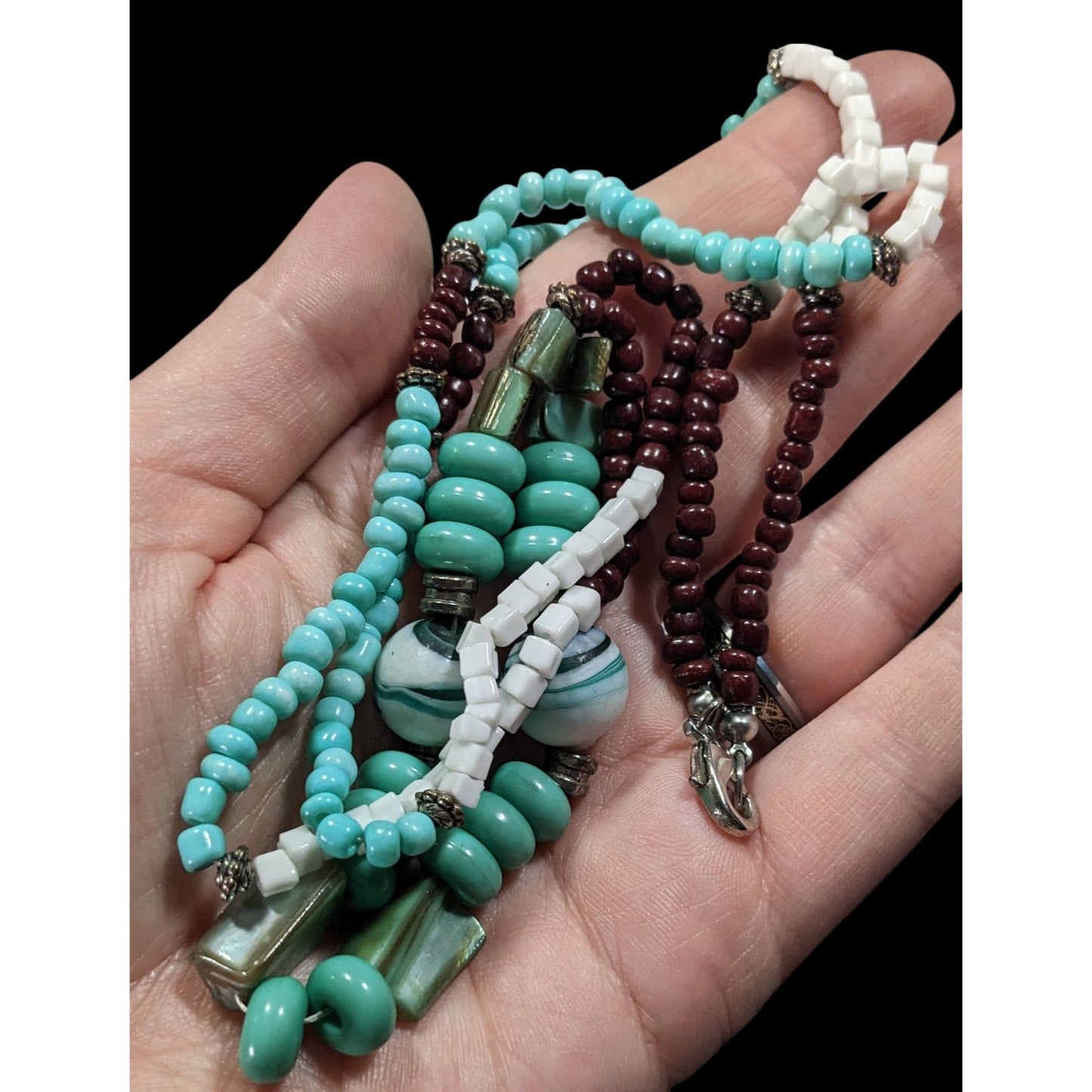 Vintage Turquoise And Brown Shell Stone And Glass Beaded Necklace