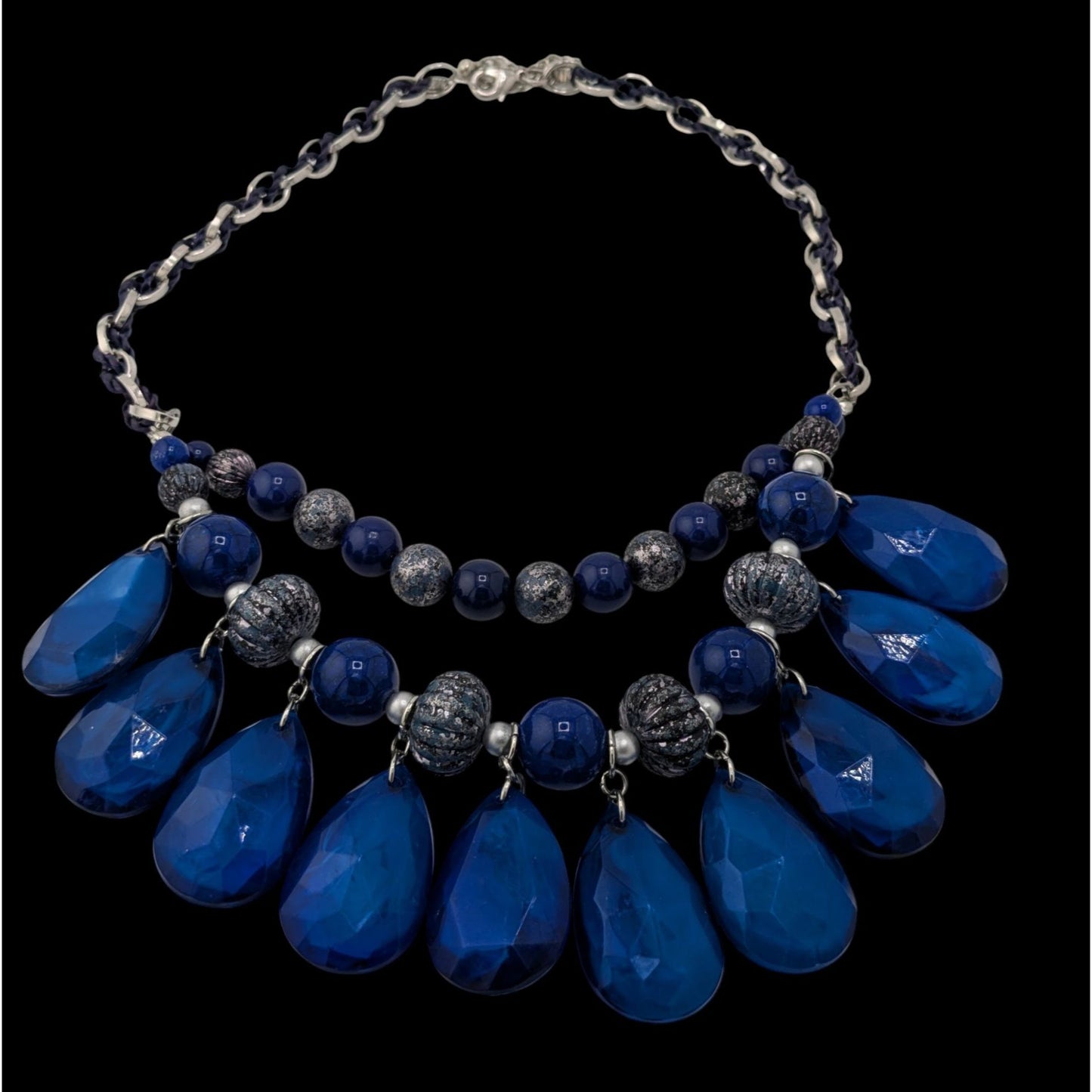 Y2K Chunky Glam Blue And Silver Tone Layered Beaded Necklace
