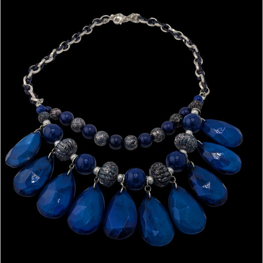 Y2K Chunky Glam Blue And Silver Tone Layered Beaded Necklace