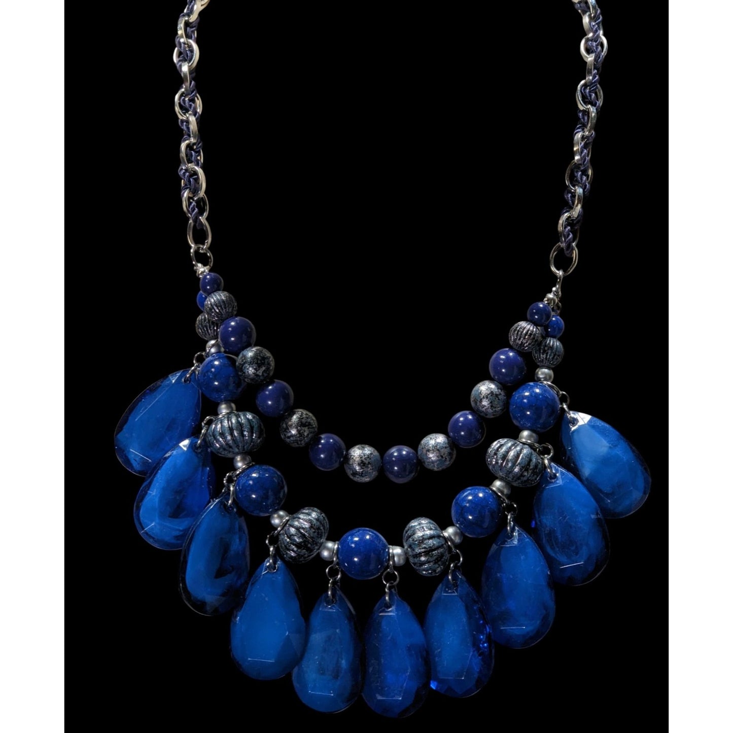 Y2K Chunky Glam Blue And Silver Tone Layered Beaded Necklace