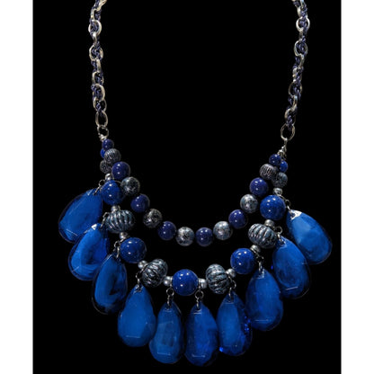 Y2K Chunky Glam Blue And Silver Tone Layered Beaded Necklace