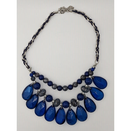 Y2K Chunky Glam Blue And Silver Tone Layered Beaded Necklace
