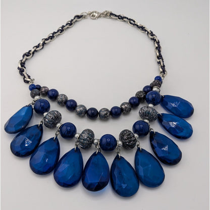 Y2K Chunky Glam Blue And Silver Tone Layered Beaded Necklace