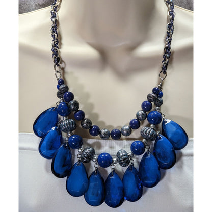 Y2K Chunky Glam Blue And Silver Tone Layered Beaded Necklace