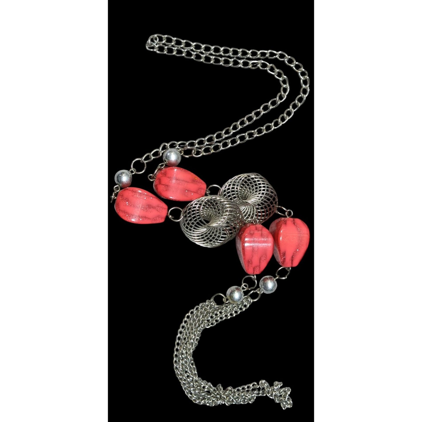 Funky Red Glitter Beaded Station Necklace With Silver Tone Coil Accents