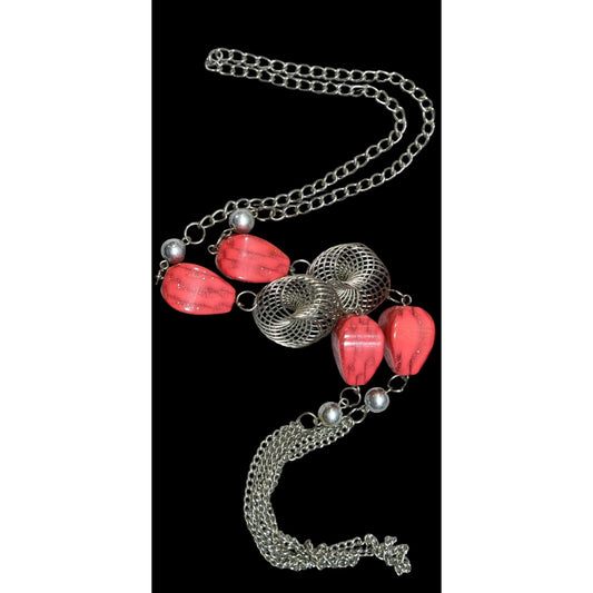 Funky Red Glitter Beaded Station Necklace With Silver Tone Coil Accents