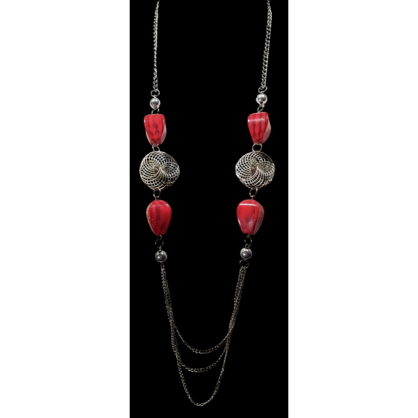Funky Red Glitter Beaded Station Necklace With Silver Tone Coil Accents