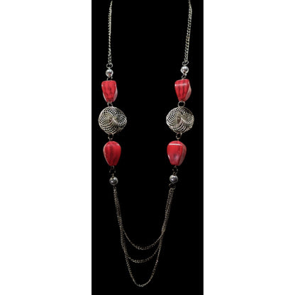 Funky Red Glitter Beaded Station Necklace With Silver Tone Coil Accents