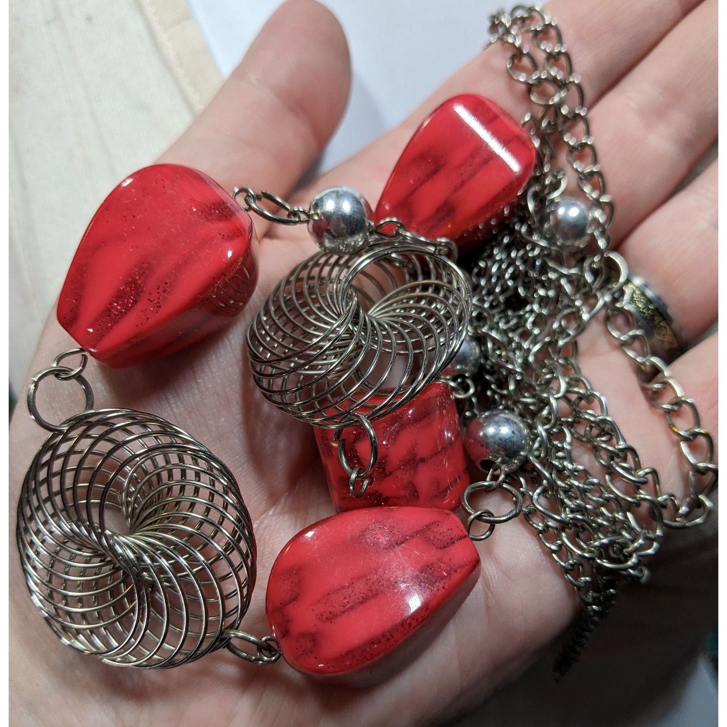Funky Red Glitter Beaded Station Necklace With Silver Tone Coil Accents