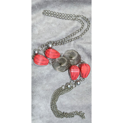 Funky Red Glitter Beaded Station Necklace With Silver Tone Coil Accents