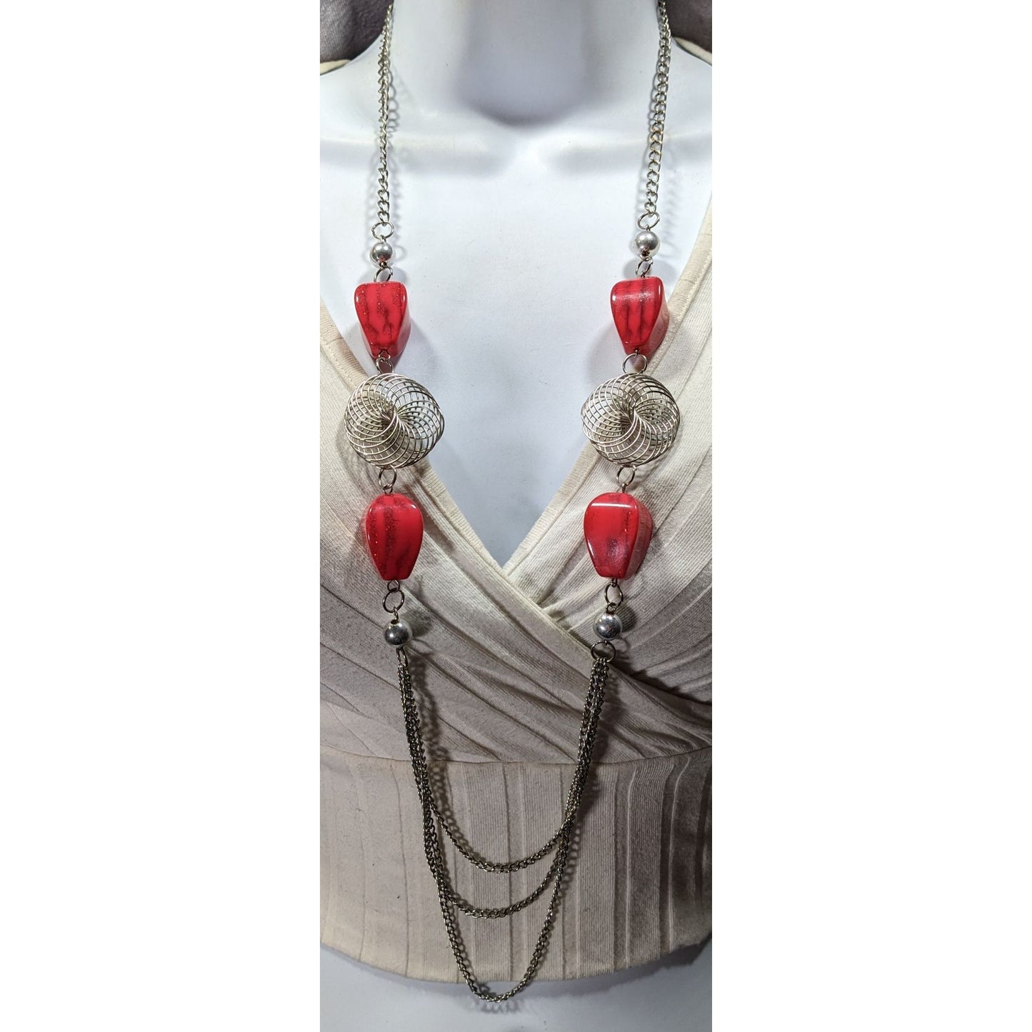 Funky Red Glitter Beaded Station Necklace With Silver Tone Coil Accents