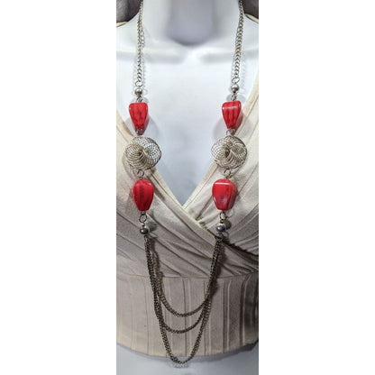 Funky Red Glitter Beaded Station Necklace With Silver Tone Coil Accents
