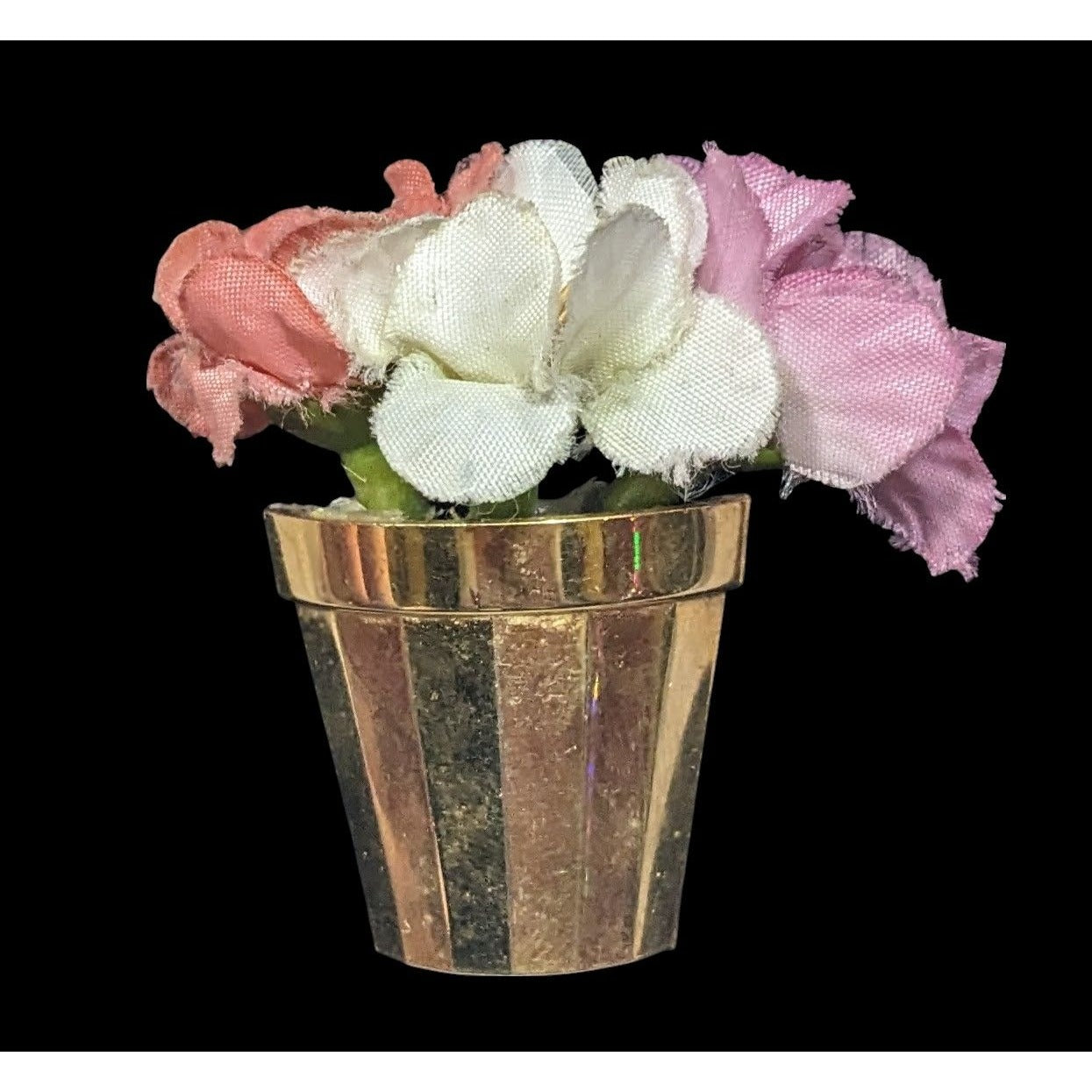 Vintage 50s Flower Pot Brooch With Silk Flowers And Faux Pearl Accents