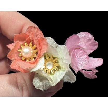 Vintage 50s Flower Pot Brooch With Silk Flowers And Faux Pearl Accents