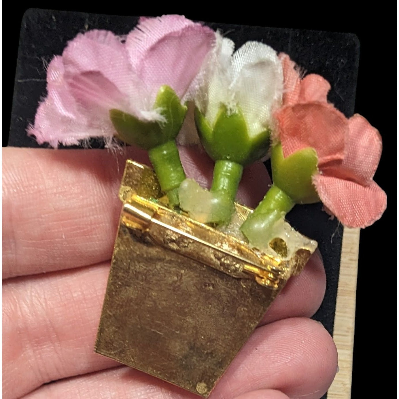 Vintage 50s Flower Pot Brooch With Silk Flowers And Faux Pearl Accents