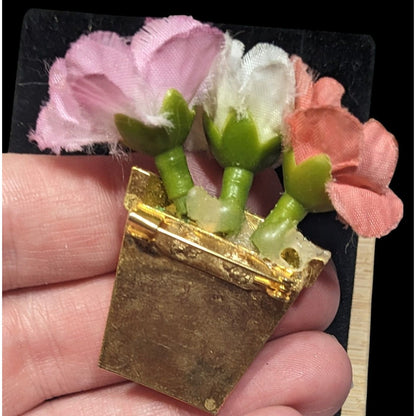 Vintage 50s Flower Pot Brooch With Silk Flowers And Faux Pearl Accents