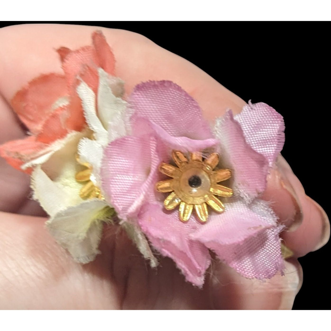 Vintage 50s Flower Pot Brooch With Silk Flowers And Faux Pearl Accents