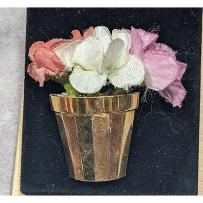 Vintage 50s Flower Pot Brooch With Silk Flowers And Faux Pearl Accents