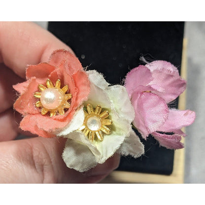 Vintage 50s Flower Pot Brooch With Silk Flowers And Faux Pearl Accents