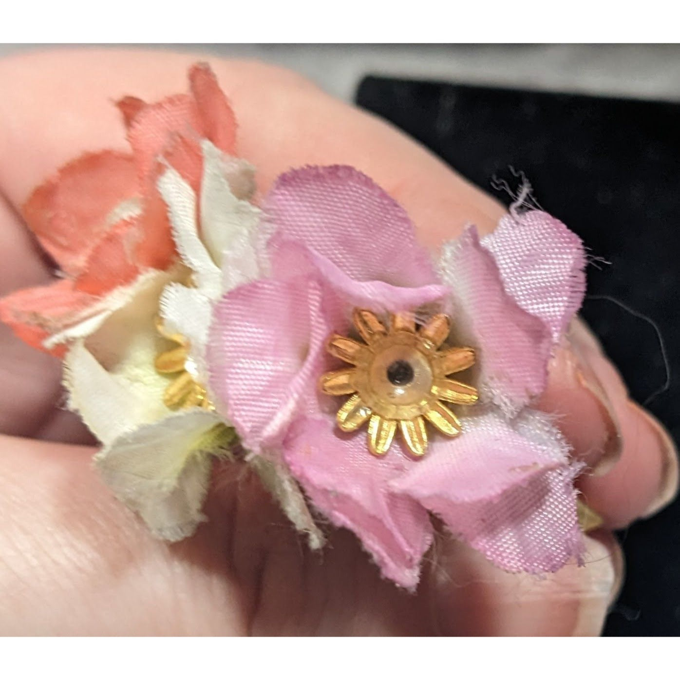 Vintage 50s Flower Pot Brooch With Silk Flowers And Faux Pearl Accents