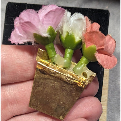 Vintage 50s Flower Pot Brooch With Silk Flowers And Faux Pearl Accents