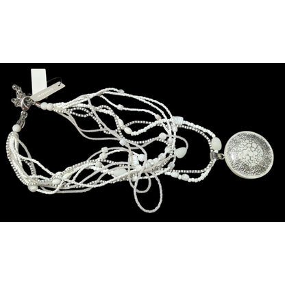 Chico's Nautilus White And Silver Chunky Multilayer Pendant Necklace