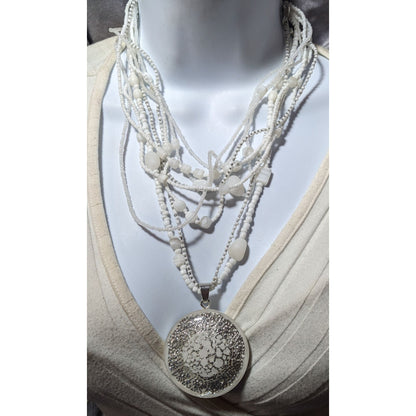 Chico's Nautilus White And Silver Chunky Multilayer Pendant Necklace