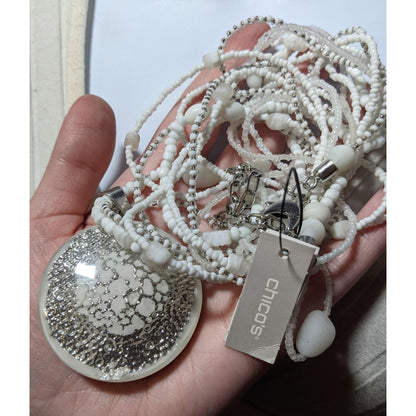 Chico's Nautilus White And Silver Chunky Multilayer Pendant Necklace