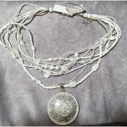 Chico's Nautilus White And Silver Chunky Multilayer Pendant Necklace