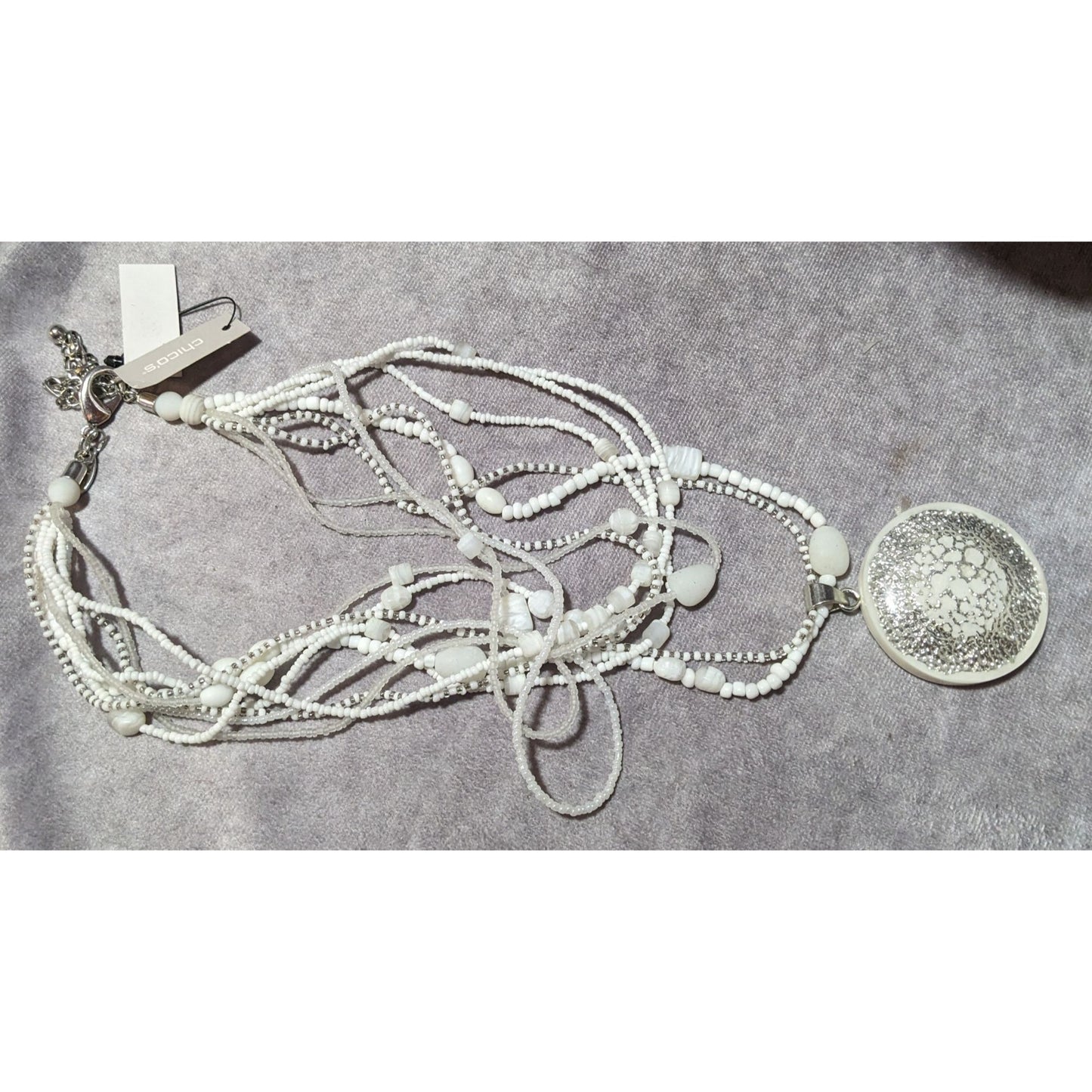 Chico's Nautilus White And Silver Chunky Multilayer Pendant Necklace