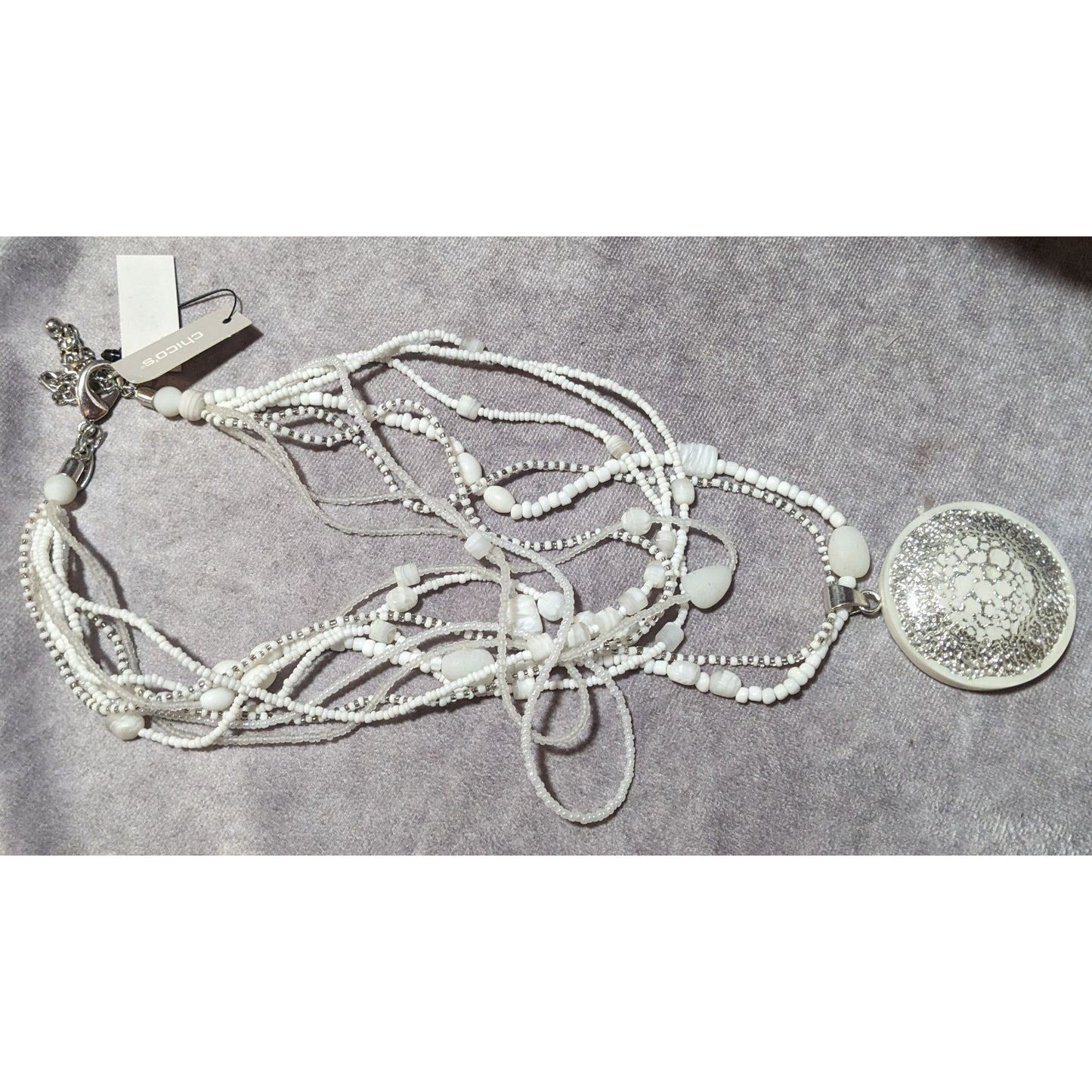 Chico's Nautilus White And Silver Chunky Multilayer Pendant Necklace