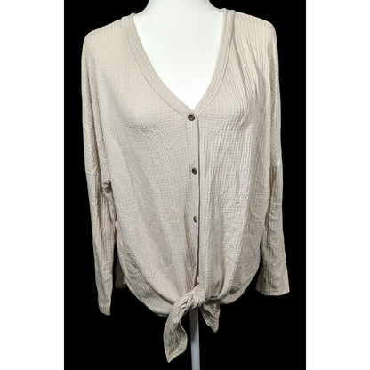 Iwollence Cream Waffle Knit Button Down Tie Front Tunic