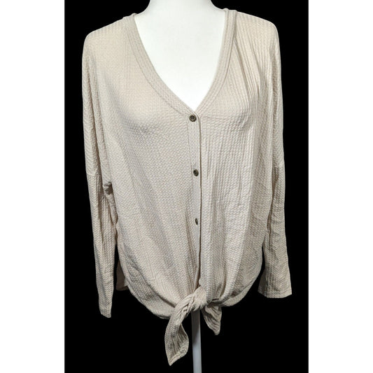 Iwollence Cream Waffle Knit Button Down Tie Front Tunic