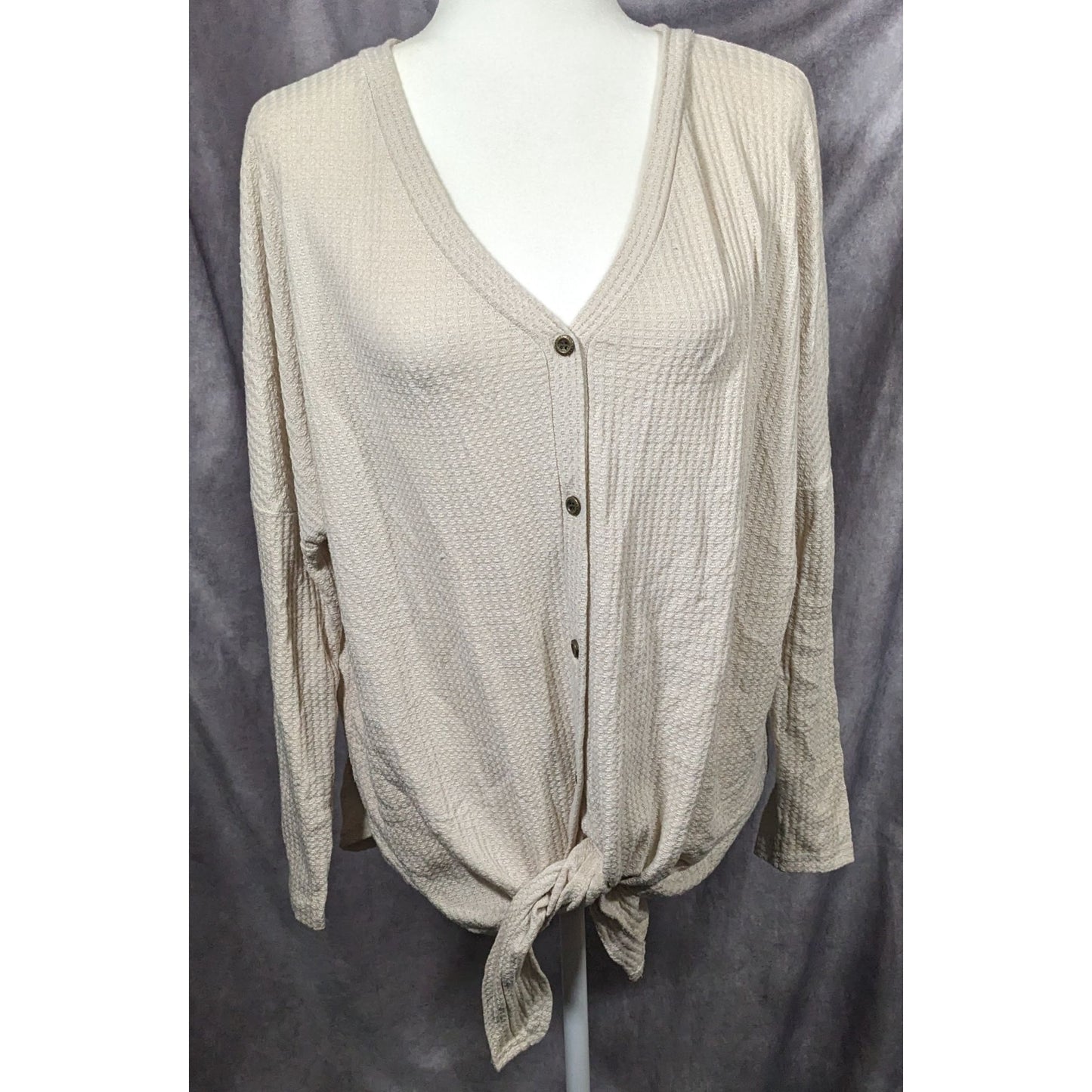 Iwollence Cream Waffle Knit Button Down Tie Front Tunic