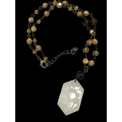 Vintage Carved Quartz Pendant Necklace With Beaded Chain