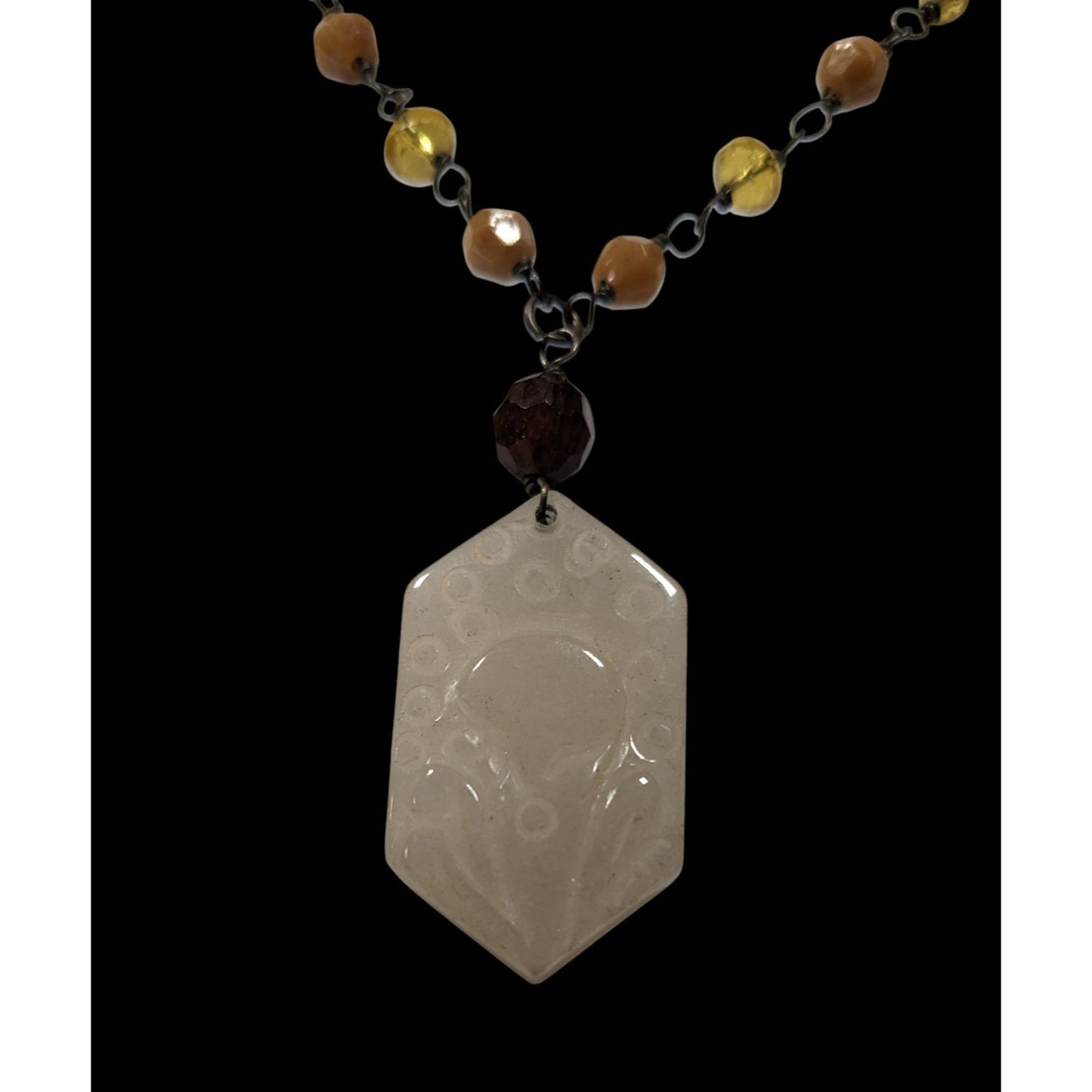 Vintage Carved Quartz Pendant Necklace With Beaded Chain
