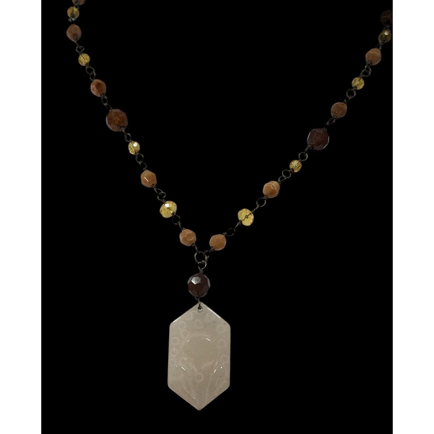 Vintage Carved Quartz Pendant Necklace With Beaded Chain