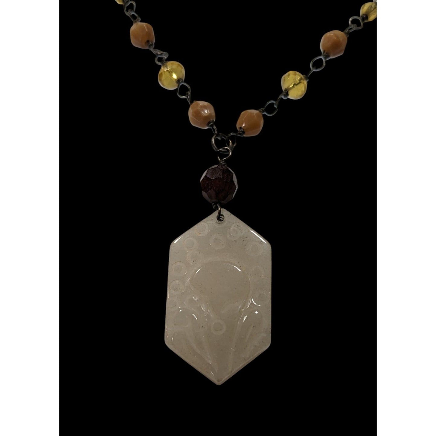 Vintage Carved Quartz Pendant Necklace With Beaded Chain