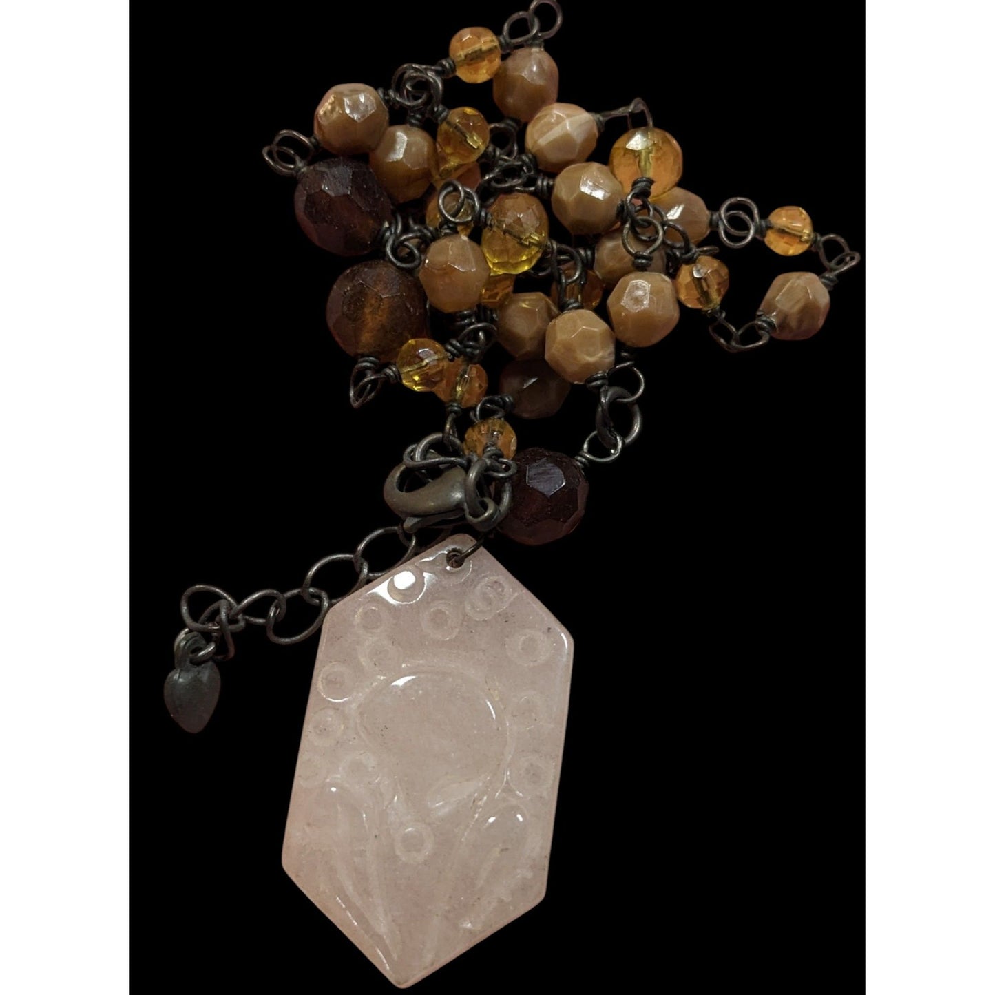 Vintage Carved Quartz Pendant Necklace With Beaded Chain