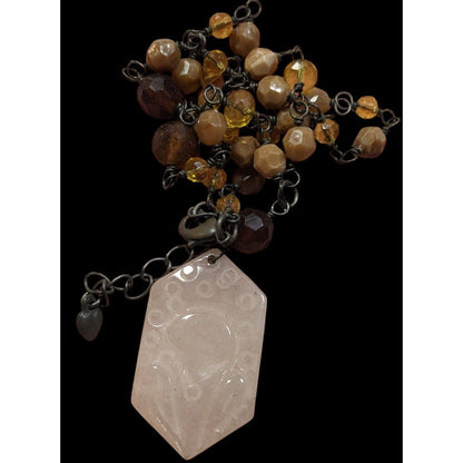 Vintage Carved Quartz Pendant Necklace With Beaded Chain