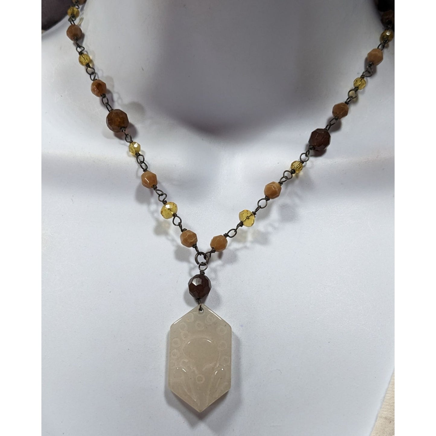 Vintage Carved Quartz Pendant Necklace With Beaded Chain