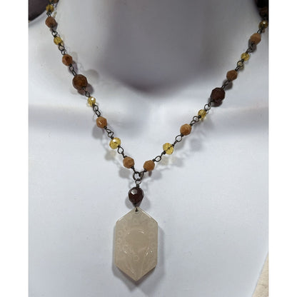 Vintage Carved Quartz Pendant Necklace With Beaded Chain